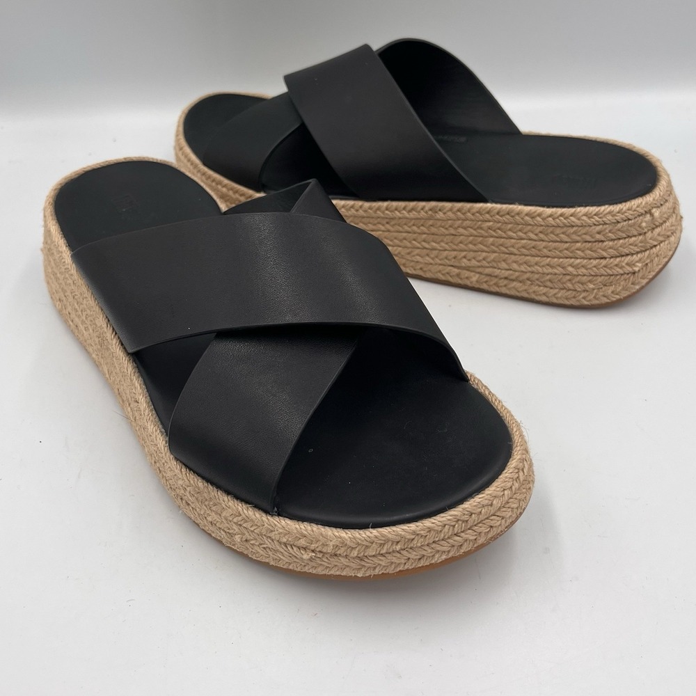 FITFLOP F-Mode Cross Strap Platform Slides Women Size 9 Black Leather Espadrille